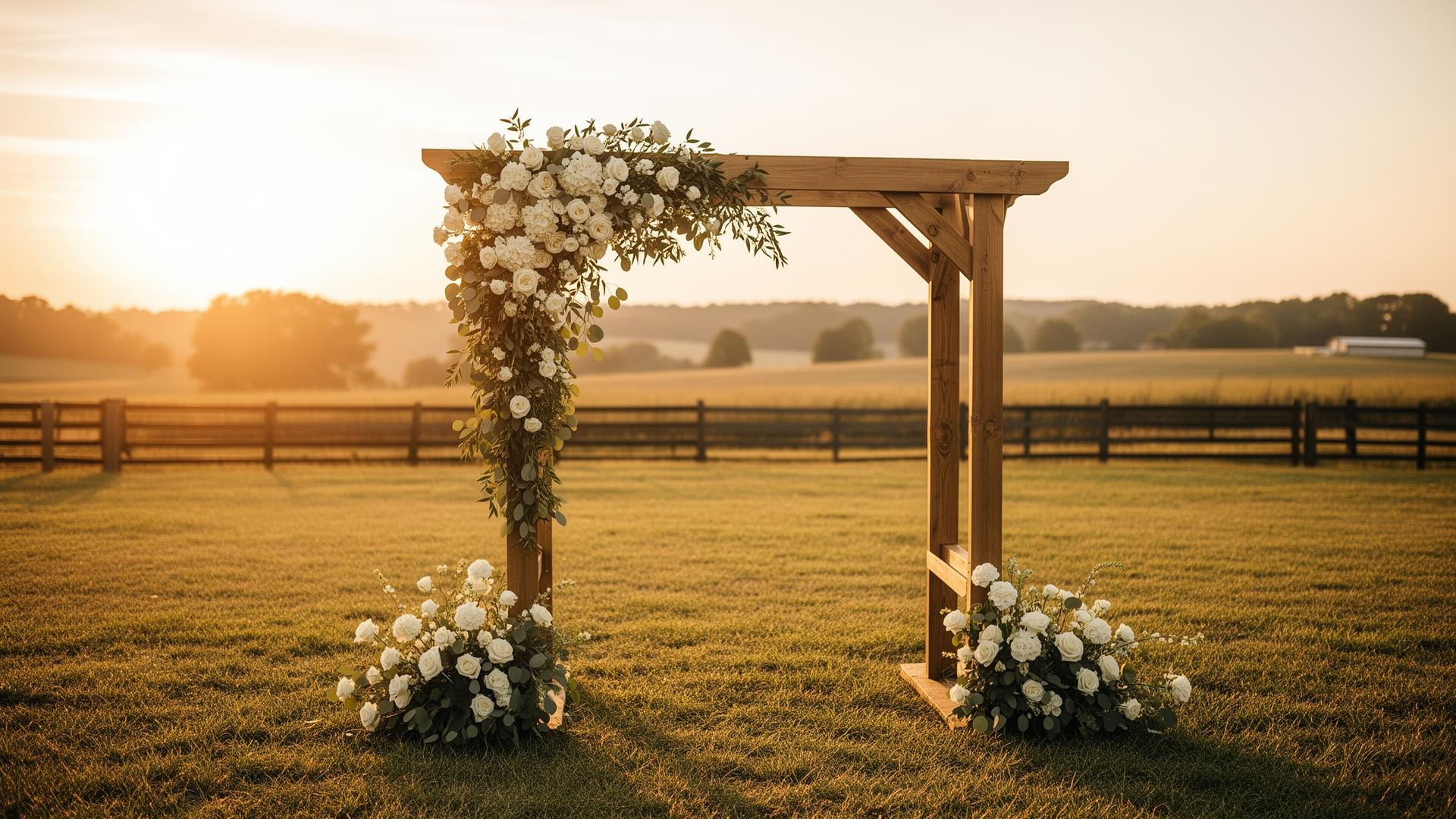Rustic wedding arch in a farm field at golden hour